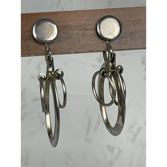 Vintage Screwback Silver Tone Dangle Hoop Earrings - Picture 1 of 10